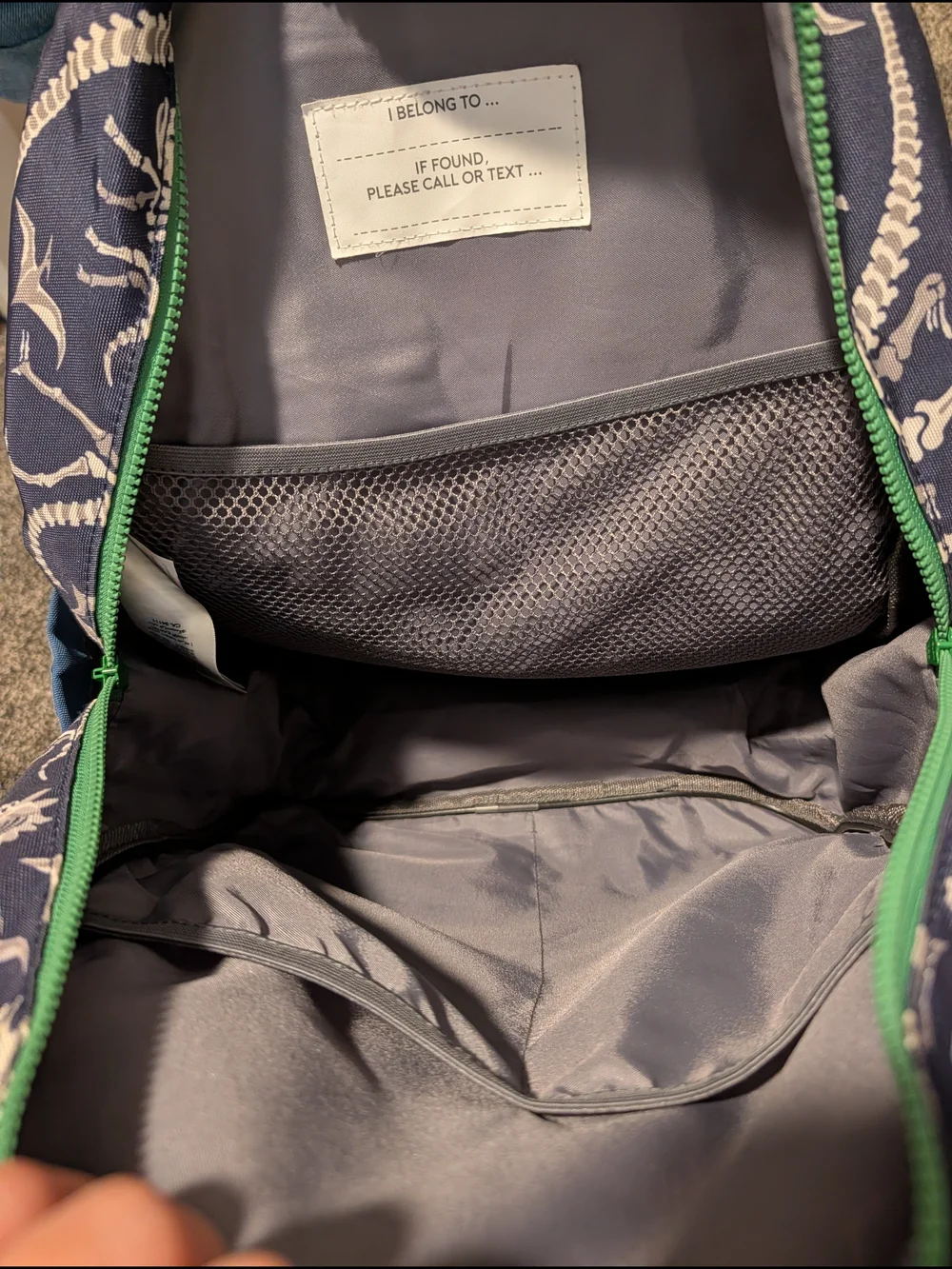 Pottery Barn Kids Navy Dinosaur Print Backpack with Blue Pocket and Green Zipper